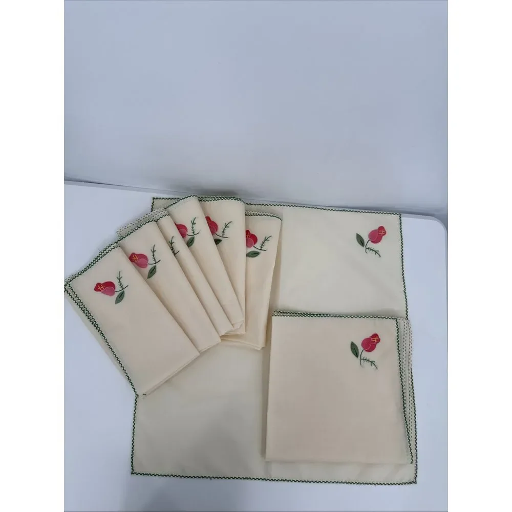 8 Vintage Cream Green‎ Cotton Dinner Napkins, Applique Embroidered Pink Flowers